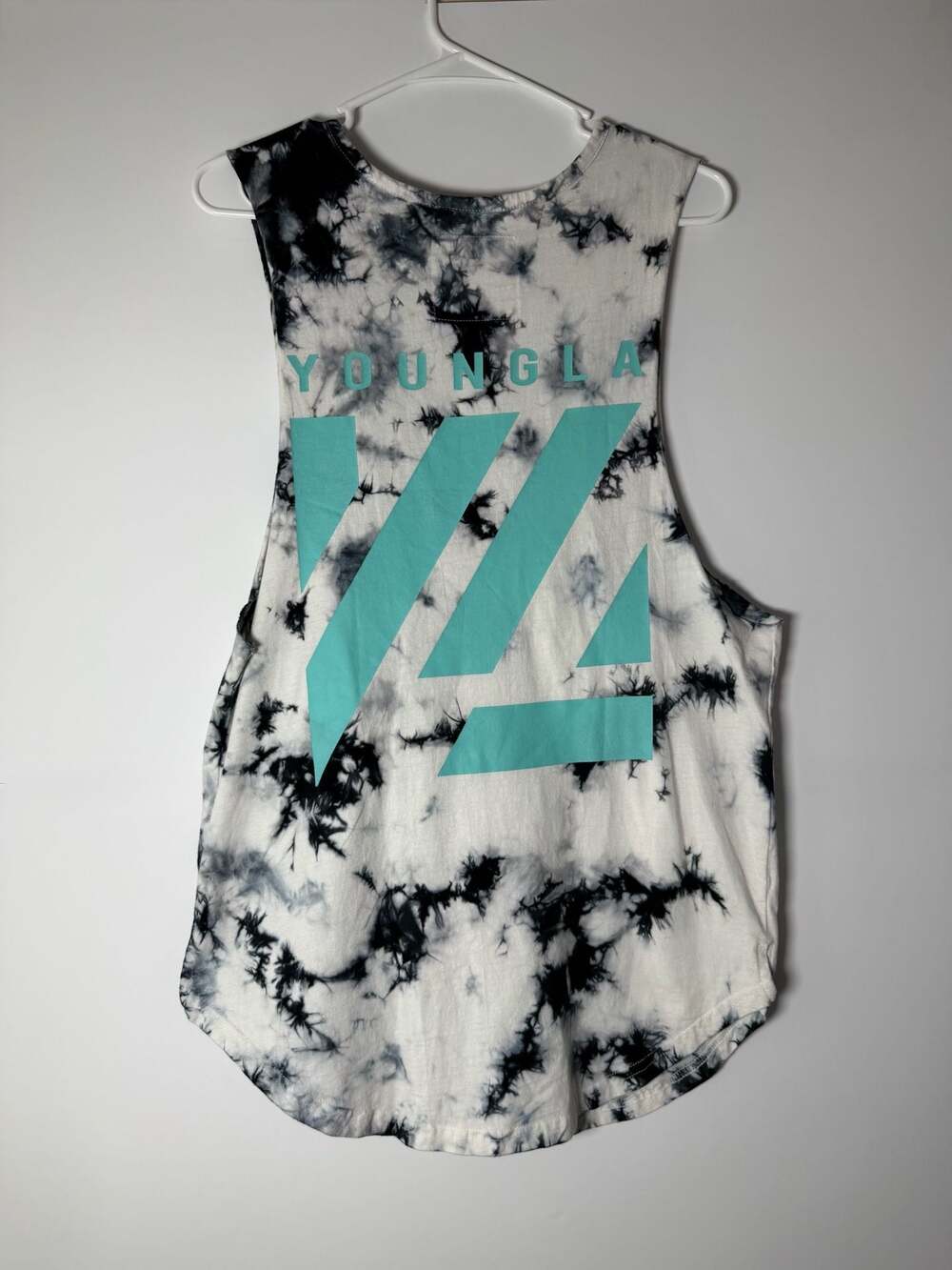 YoungLA Black and White Tie-Dye Tank Top with Teal Logo, Size Medium